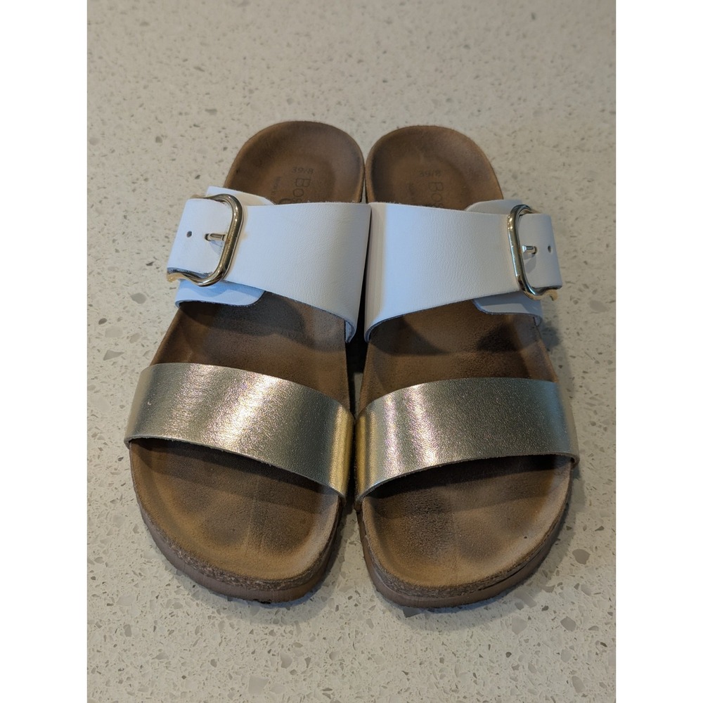 Bos & Co. Lapo‎ Slip On Wedge Cork Sandals White Gold Leather Size EU 39 US 8 - Picture 2 of 8